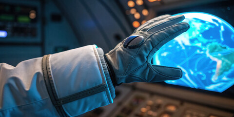 Astronaut in cockpit touches glowing Earth hologram, hopeful vision for future of global economy, technological growth and exploration of outer space