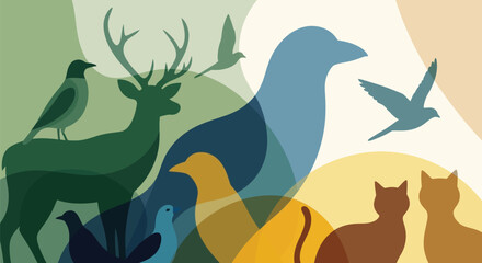 Abstract Wildlife Composition with Overlapping Translucent Animals
