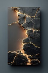 Dark, textured block split with golden glowing cracks, a modern art piece