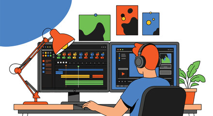A skilled vector illustration showcasing a man film editor editing video content in a professional studio, ideal for creative themes	