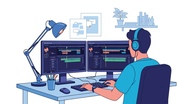 A skilled vector illustration showcasing a man film editor editing video content in a professional studio, ideal for creative themes	