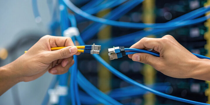 Technician connects network cables in server space crucial link for business economy and technology growth. focused hand plugs blue patch cord into data center rack - Powered by Adobe