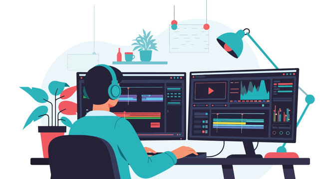 A skilled vector illustration showcasing a man film editor editing video content in a professional studio, ideal for creative themes	