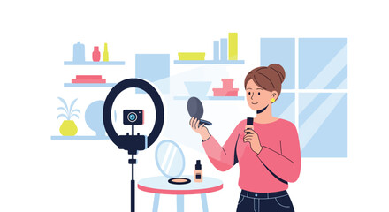 Flat vector content creator filming product with camera in creative photography studio