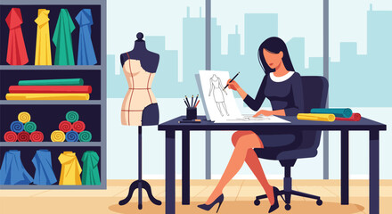 Flat vector fashion designer sketching clothing with mannequin and fabric rolls nearby. Creative studio workspace