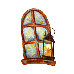 French window, old candlestick lamp. Oil pastel drawn illustration. For interior designs, retro vintage settings, restaurant cafe menu decorated, stickers, greeting cards and banners clip arts