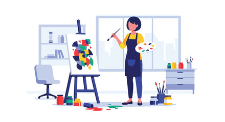 Flat vector illustrator painting on canvas with jars of paint beside. Artistic studio mood with solid shapes