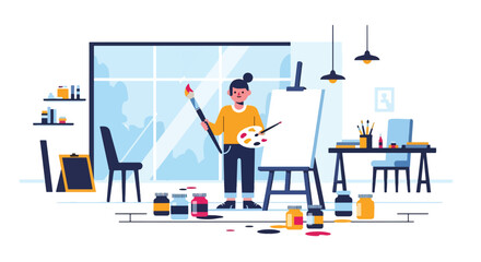 Flat vector illustrator painting on canvas with jars of paint beside. Artistic studio mood with solid shapes