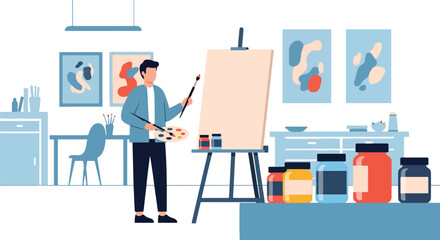 Flat vector illustrator painting on canvas with jars of paint beside. Artistic studio mood with solid shapes