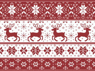 Traditional Christmas sweater pattern with reindeer and snowflakes in red and white.