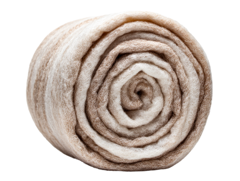 Rolled natural wool fiber with brown and white stripes, isolated on transparent cutout background