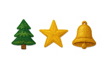 Christmas holiday embroidery ornaments featuring a tree, star, and bell on transparent background