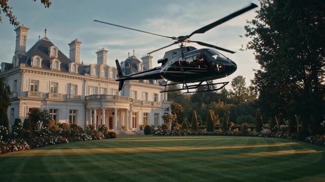 A sleek black helicopter soaring above a grand historic mansion promising untold wealth and luxury