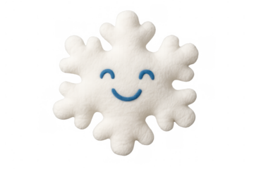 White plush snowflake toy smiling happily, representing winter season and christmas holiday decor on transparent background