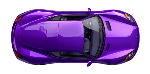 Modern purple sports car seen from above on transparent background