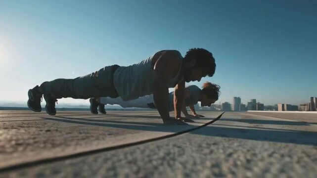 Determined athletes push limits at dawn over city forging strength against the skyline s silhouette