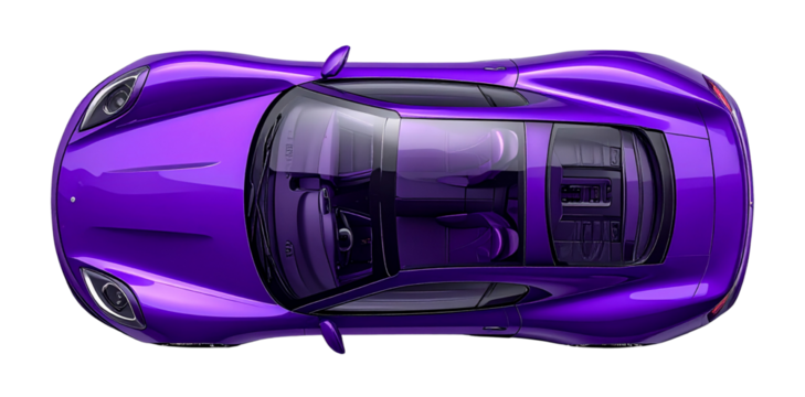 Modern purple sports car seen from above on transparent background