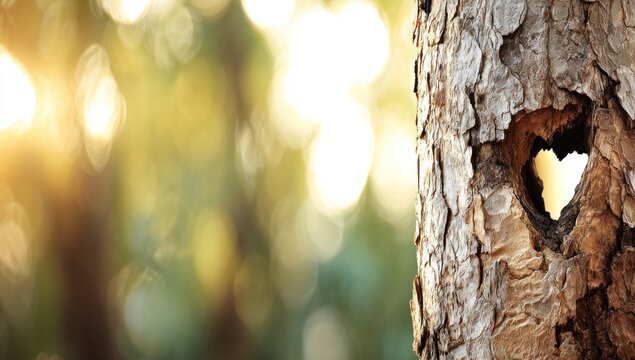 A tree trunk with a heart-shaped opening is bathed in sunlight amidst a blurred green bokeh