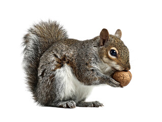 Squirrel holding a nut against a white background, isolated on transparent cutout background