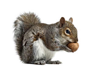 Squirrel holding a nut against a white background, isolated on transparent cutout background