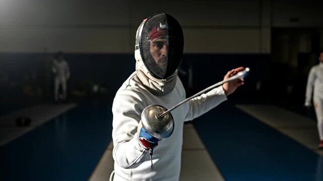 Fencer engages opponent in intense duel with swift sword movements