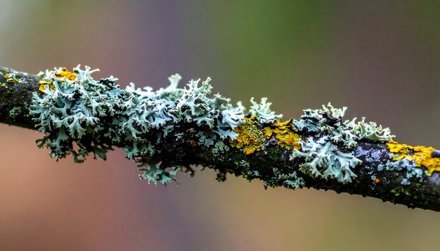 Close up of colorful lichen growing on a tree branch in nature