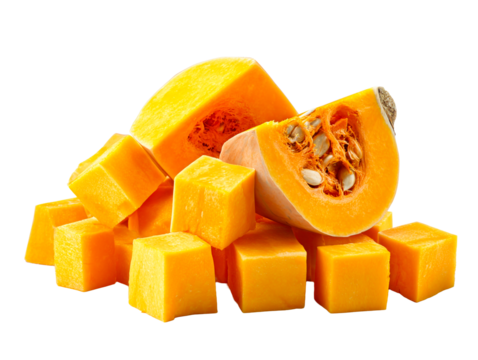 Cut butternut squash cubes and slice with seeds, isolated on transparent cutout background