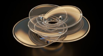 Abstract arrangement of transparent, overlapping toroidal forms glows subtly against a dark background