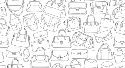 Elegant black and white line art seamless pattern featuring a diverse collection of women's handbags and purses for fashion and textiles.