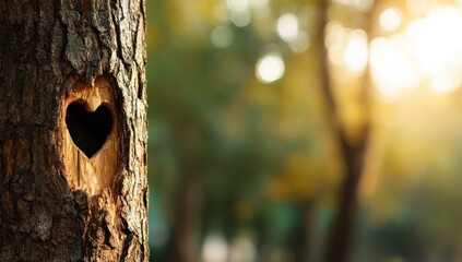 A heart-shaped hole in a tree trunk, with blurred green forest and sunlight in the background