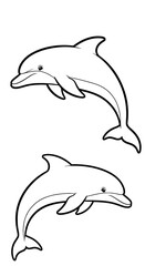 Obraz premium Pair of Playful Dolphins Swimming in Tropical Waters Illustration for Marine Conservation Awareness and Educational Resources, Animal Welfare Promotion, Clean Ocean Campaign, Black and White Outline f