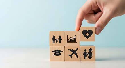 Hand placing a wooden block with heart icon, symbolizing health