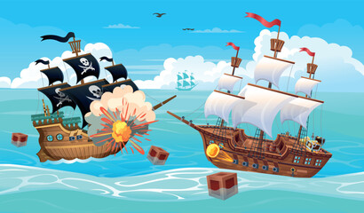 Battle of ships. Pirate ship fighting at sea. Explosions on the ship.  Hand drawing game background. Vector. Cartoon style illustration.
