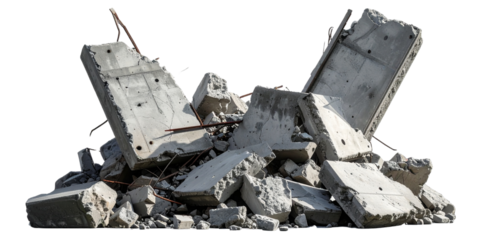 Pile of concrete rubble isolated on transparent background representing destruction