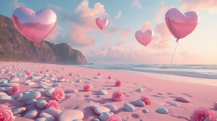 Pink heart shapes and balloons float in the air over the summer beach, symbolizing love and romantic celebration for Valentine's Day