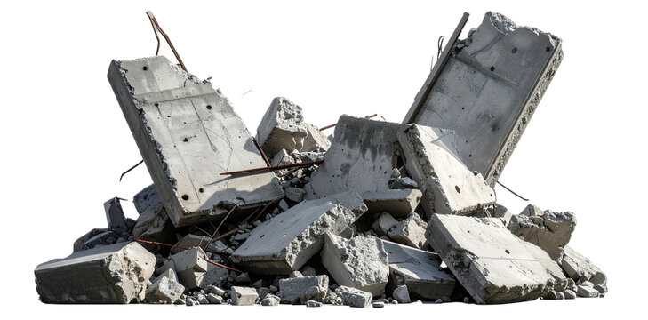 Pile of concrete rubble isolated on transparent background representing destruction