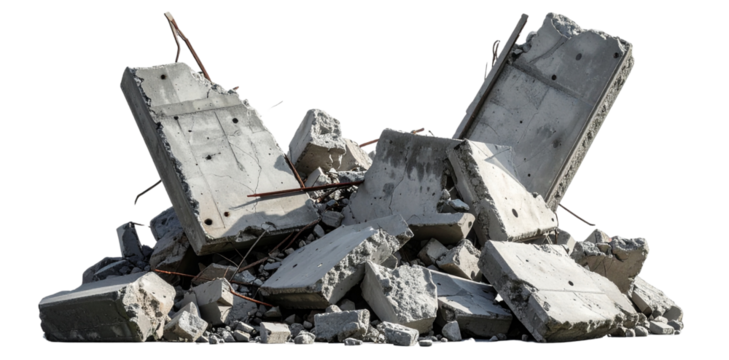 Pile of concrete rubble isolated on transparent background representing destruction