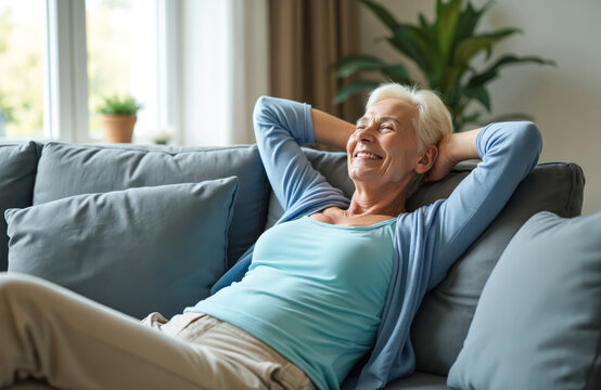 Senior woman relaxes on comfy sofa at home. Smiles, hands behind head, enjoying peaceful moment. Older lady feels happy, contented during leisure time. White haired female rests in cozy living room