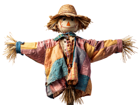 Patchwork Scarecrow with Straw Hat and Arms Outstretched, isolated on transparent cutout background