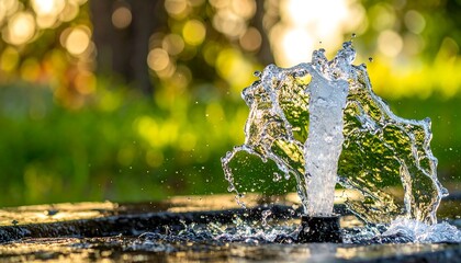 Water spraying from a fountain in a sunlit garden with blurred green foliage background