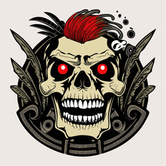 Punk Skull Illustration with Red Hair Vector Design
