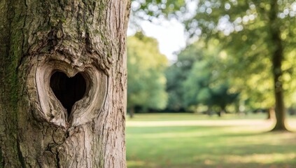 Close-up of tree trunk with heart-shaped hole, blurred green park background