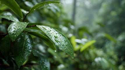 Fototapeta premium Fresh green leaves with morning raindrops