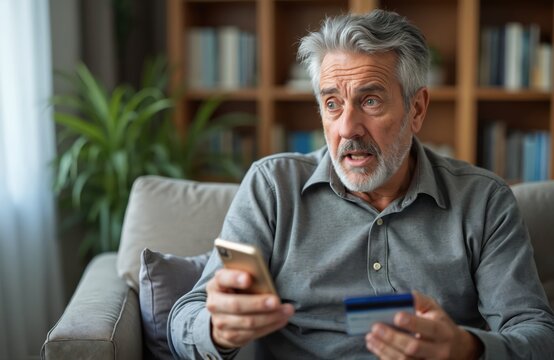 Gray-haired senior man holds credit card, smartphone at home. Looks worried, shocked at phone screen. Faces online banking problem, financial scam, failed payment issue. Feels confused about money.