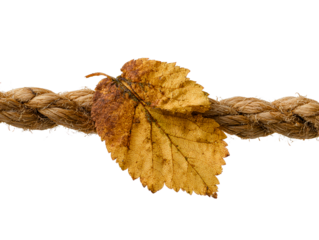 Single dried yellow leaf resting on coarse brown rope, isolated on transparent cutout background