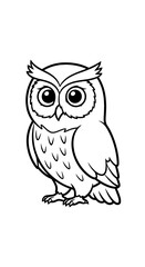 Adorable Cartoon Owl Illustration, Standing Perched, Educational Resource, Woodland Creature Artwork, Nature-Themed Design, Detailed Black and White Outline, Wildlife Portrayal, Scholarly Decoration,