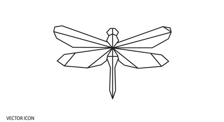 Geometric dragonfly illustration in black outline on a white background.