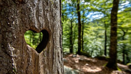 A tree trunk with a heart-shaped cutout offers a glimpse into a lush forest scene