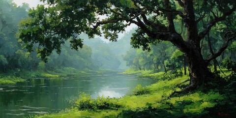Fototapeta premium Lush Green Forest Landscape with Tranquil River and Towering Tree.