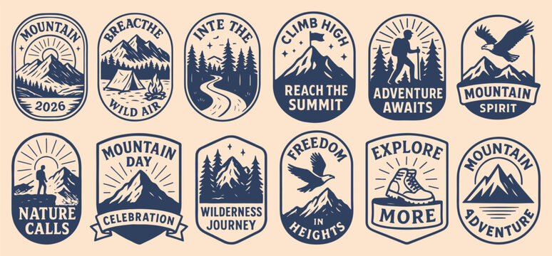 Vintage outdoor adventure badges set. features mountains, forests, hikers, eagles, tents, and inspirational text for nature, exploration, and camping.